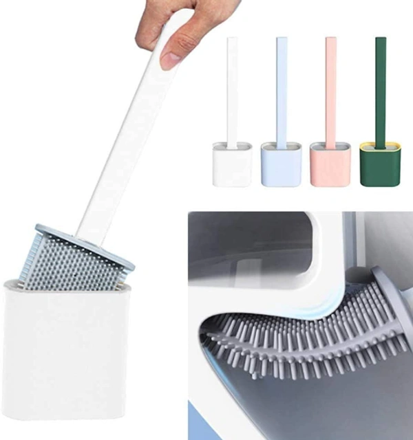 Silicon Toilet Brush with Slim Holder Flex Toilet Brush Anti-drip Set Toilet Bowl Cleaner Brush, No-Slip Long Handle Soft Silicone Bristle Clean Toilet Corner Easily.(Multi Color)